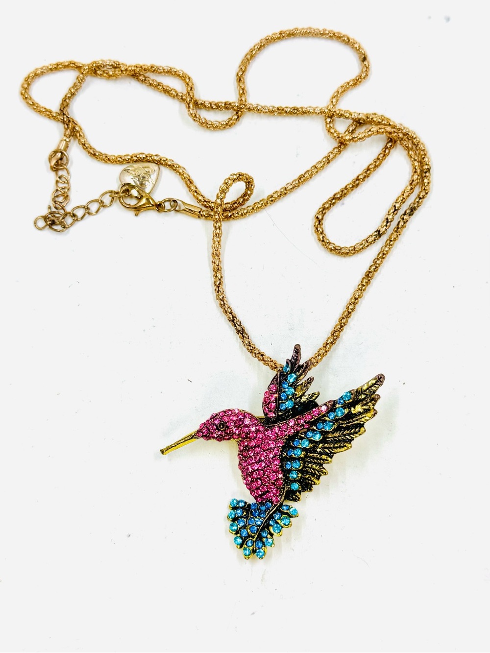 Betsey Johnson Vintage Gold-Tone Rhinestone Hummingbird Pendant/Brooch Necklace